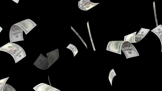 Money falling dollar banknotes on a transparent background. US dollar banknotes flying in super slow motion against black background.
Seamless US Dollars falling animation. dollars bills falling down.