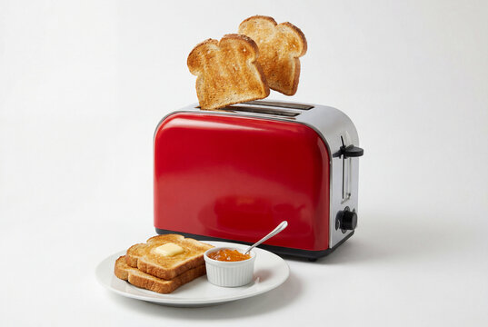 Red toaster popping up golden brown toast next to a plate with butter and marmalade