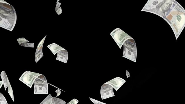 Money falling dollar banknotes on a transparent background. US dollar banknotes flying in super slow motion against black background.
Seamless US Dollars falling animation. dollars bills falling down.