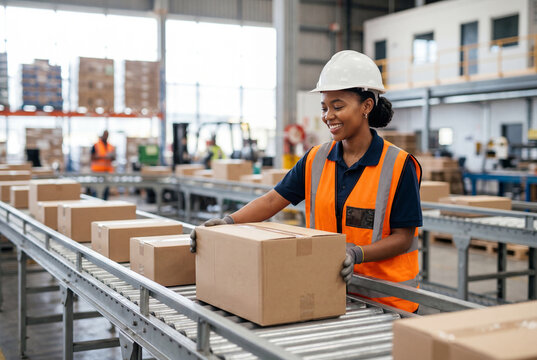 Female logistics worker in safety vest and hard hat processing package on warehouse conveyor