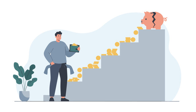 Stressed man with empty pockets and wallet looking up a staircase of gold coins leading to a broken piggy bank.