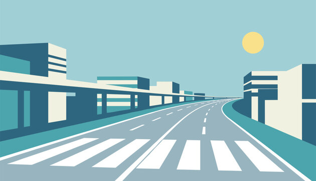 Perspective view of a modern urban highway with a crosswalk leading into a stylized city under a bright warm sun.