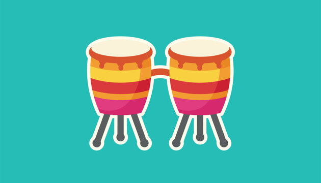 Colorful bongo drums musical instrument on stand with bright yellow and red stripes on turquoise background.