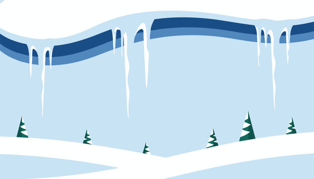 Winter landscape background featuring sharp white icicles hanging from a snowy edge with tiny pine trees on snowy hills.