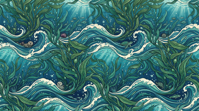 ocean waves and sprawling sea kelp in a marine conservation themed repeating textile pattern for organic swimwear designs and underwater ecosystem awareness poster backdrops