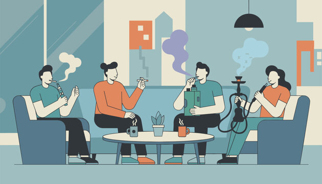 Group of four diverse friends relaxing together in a lounge while vaping and smoking different devices.