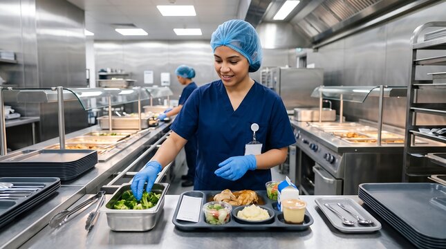Food service worker in a blue uniform and hairnet preparing a healthy meal tray with broccoli in a large commercial kitchen.