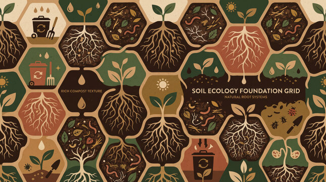 plant roots and rich soil symbols forming a foundational ecology grid pattern layout for natural organic gardening websites and agricultural compost company branding textures