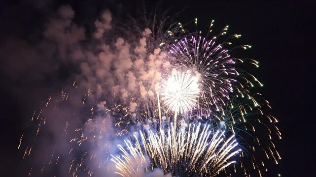 Spectacular Colorful Fireworks Exploding in the Dark Night Sky during Festive Celebration