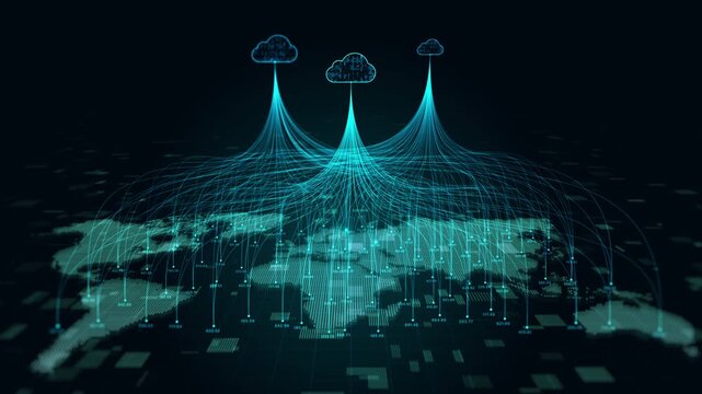 Global Cloud Computing Network with Connected Data Streams Across World Map, Digital Data Infrastructure, Cloud Technology and Big Data Storage, Internet Connectivity and Modern Data Transfer