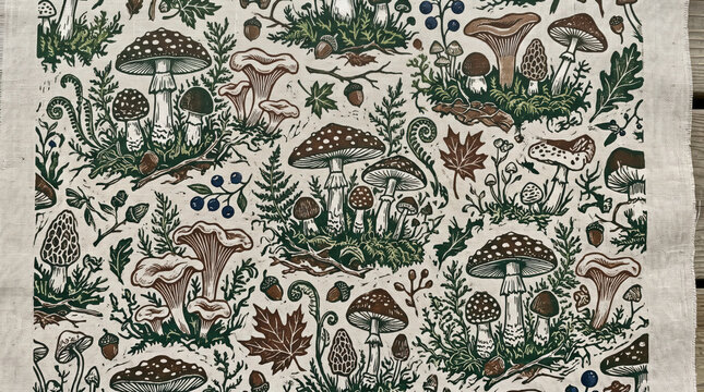 linocut style wild mushrooms and forest moss in an organic repeating block print pattern layout for sustainable slow fashion textiles and cottagecore home decor backdrops