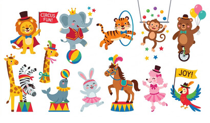 Cute Circus Animal Vector Pack for Kids and Party Design © MDFahim