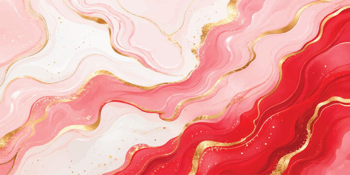 Abstract Pink and Red Marble Background with White and Gold Fluid Waves