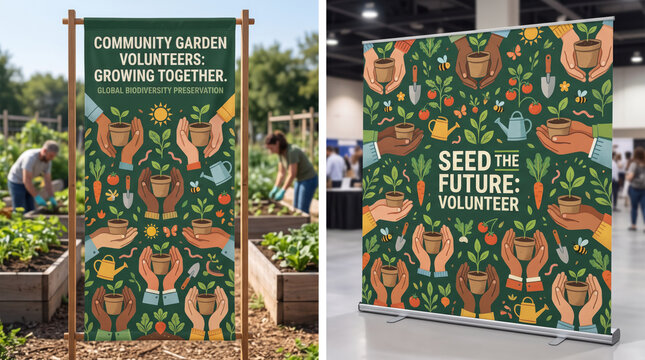 human hands holding tiny seedlings duplicated in a community gardening layout print for volunteer organization banners and global biodiversity preservation backdrops