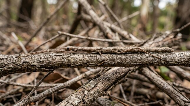 Camouflaged Stick Insect on Twigs in Natural Woodland Habitat