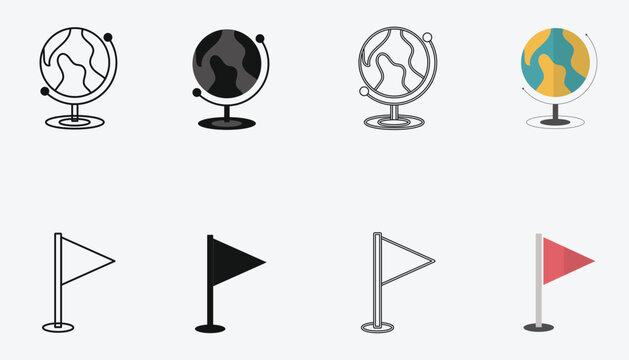 Geography and travel icon set with desk globes and triangular flags in outline, silhouette, and flat color design styles vector