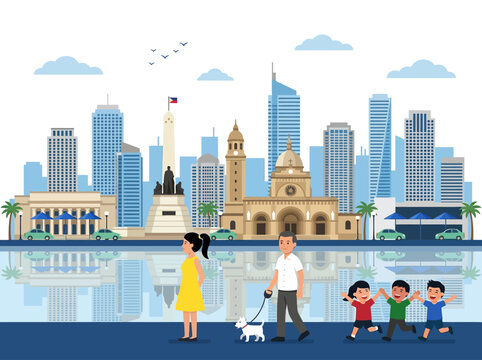 Manila Philippines City Skyline Vector with Rizal Monument and Landmarks