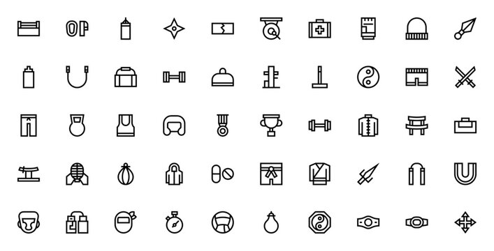 Martial Arts icon set. Minimalist thin line icons. Vector illustration. Featuring ring, punching bag, gloves, katana, nunchaku, sai, yin yang, champion belt, dumbbell, trophy and more.