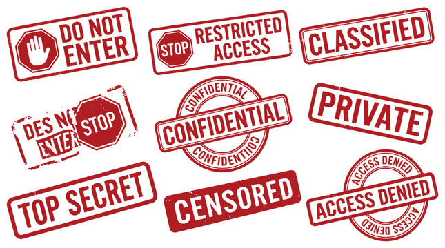 Various red confidential stamps and signs for restricted access and classified information on documents and materials