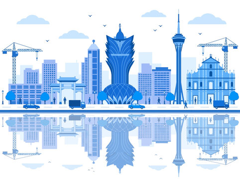 Macau China City Skyline Blue Flat Vector Illustration with Water Reflection and Iconic Landmarks