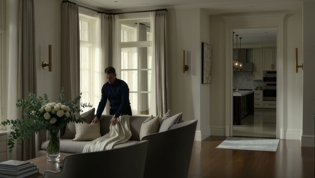Professional Housekeeper Perfectly Styling Elegant Luxury Living Room with Morning Natural Light