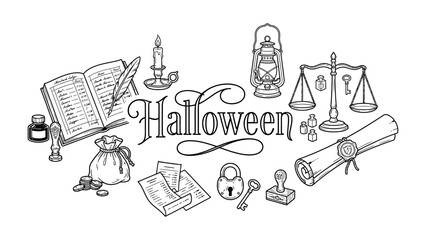 Obraz premium Halloween Elements Collection: An artistic illustration showcasing various Halloween-themed elements, including an open book, quill, inkwell, candle, sack of coins, padlock, key, scroll.