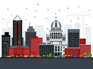 Fototapeta premium Modern Flat Vector City Skyline with Capitol Building and Urban Life