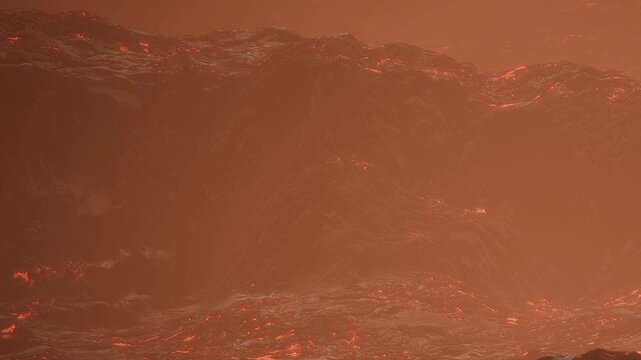 Lava moves slowly across the surface in a red landscape. The setting shows molten rock and waves of heat rising into the air. This scene captures the intense activity of volcanic forces.