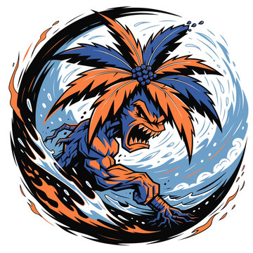 Fierce cartoon monster with palm tree hair surfing wave.