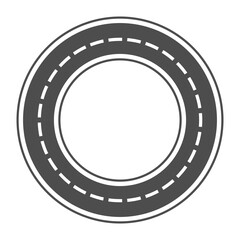 A simple flat vector icon depicting a circular asphalt road with white dashed lane markings. © Creativeniiw
