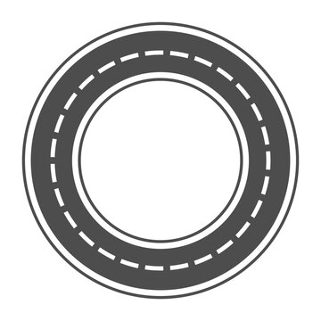 A simple flat vector icon depicting a circular asphalt road with white dashed lane markings.