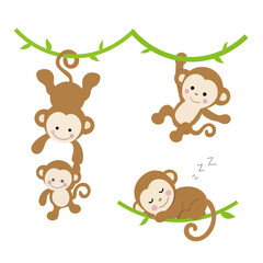 Naklejka premium A adorable cartoon illustration set of cute monkeys hanging, swinging, and sleeping on a green vine.