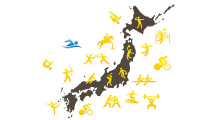 Fototapeta premium Various Olympic sports icons arranged around a brown map of Japan on white background
