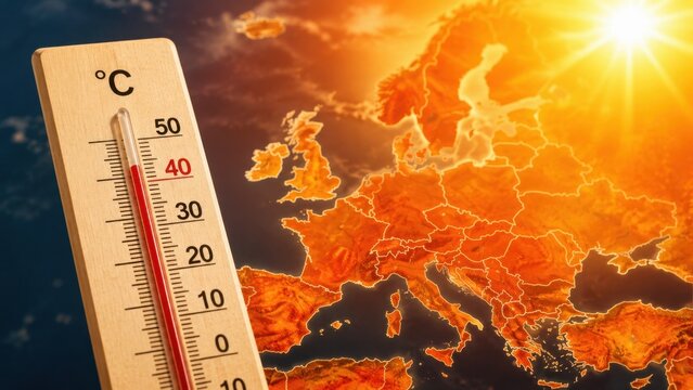 Thermometer showing extreme heat across Europe with temperature map during intense summer heatwave