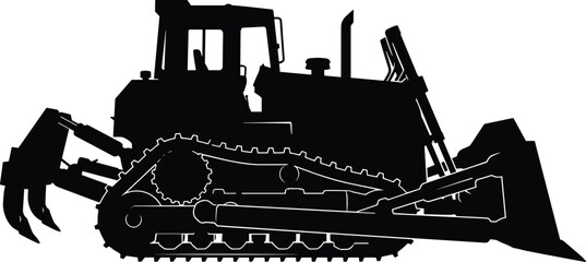 Detailed black silhouette of a heavy-duty bulldozer crawler tractor for construction, demolition, and earthmoving industrial design © MdRobiul