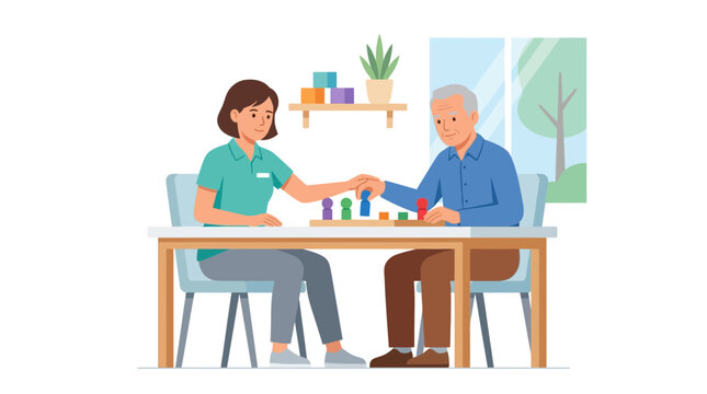 Caregiver assisting senior man with cognitive game, promoting mental stimulation and interaction