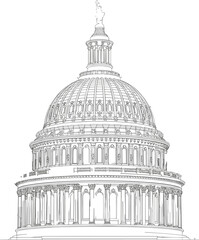 Fototapeta premium Line Art Sketch of a Neoclassical Government Capitol Building Dome Featuring Intricate Architectural Columns and Landmark Details