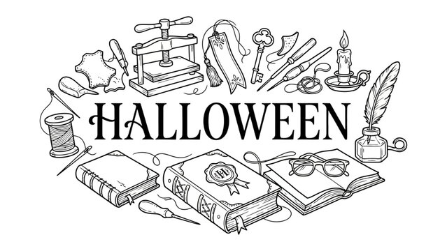 Spooky Scene Elements: A collection of objects related to Halloween, including books, keys, a quill, a candle, and crafting tools, arranged around the word Halloween in a decorative illustration.