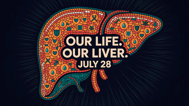 World Hepatitis Day awareness poster promoting liver health and prevention. Bright infographic highlighting liver function and disease awareness.