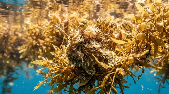 Sargassum Frogfish Camouflaged in Floating Seaweed