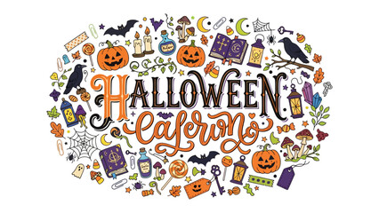Obraz premium Spooky Halloween Celebration Collage: A vibrant and whimsical illustration filled with classic Halloween motifs like pumpkins, bats, ghosts, witches' potions, and creepy crawlies.