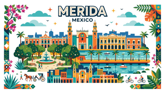 Colorful illustrated skyline of Merida Mexico featuring colonial architecture bustling streets and lush greenery in vibrant style