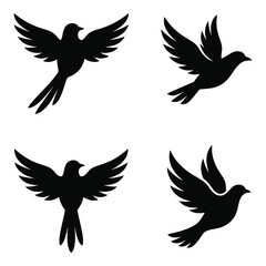 Fototapeta premium Four black silhouettes of birds in different flying positions on white background icon