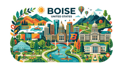 Naklejka premium Vivid illustration showcasing Boise Idaho's cityscape surrounded by nature including mountains, rivers, parks, and outdoor