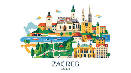Fototapeta premium Colorful illustrated panorama of Zagreb Croatia showcasing historic landmarks and lush green parks in a vibrant artistic style