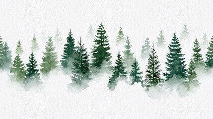 Fototapeta premium Seamless repeat watercolor pattern of layered stylized evergreen pine trees shrouded in thick white fog, emerald sage dark pine green foliage, faint distant small trees and sharp detailed foreground