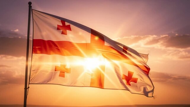 National flag of georgia blowing in wind at golden hour sunrise