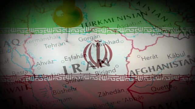National Flag of Iran Waving Loop Over Country Geographical Map with Pin on Tehran