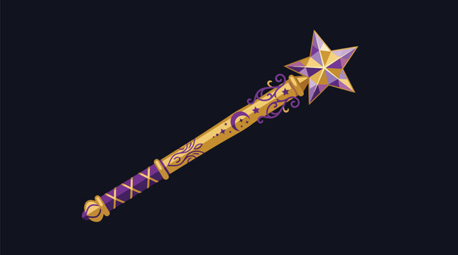 Beautiful magic wand with star and moon details, golden and purple colors, elegant design for wizards or fairy tales.