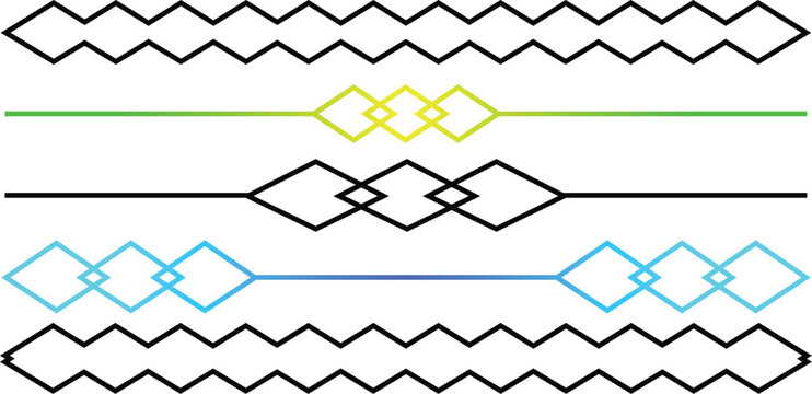 Geometric decorative dividers set, minimalist line borders with diamond shapes and zigzag patterns, colorful graphic design elements for page layout and web headers, vector illustration
